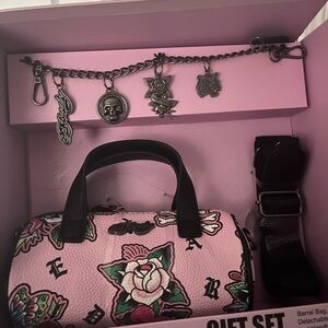 Ed Hardy Pink Floral Barrel Tote with Charms